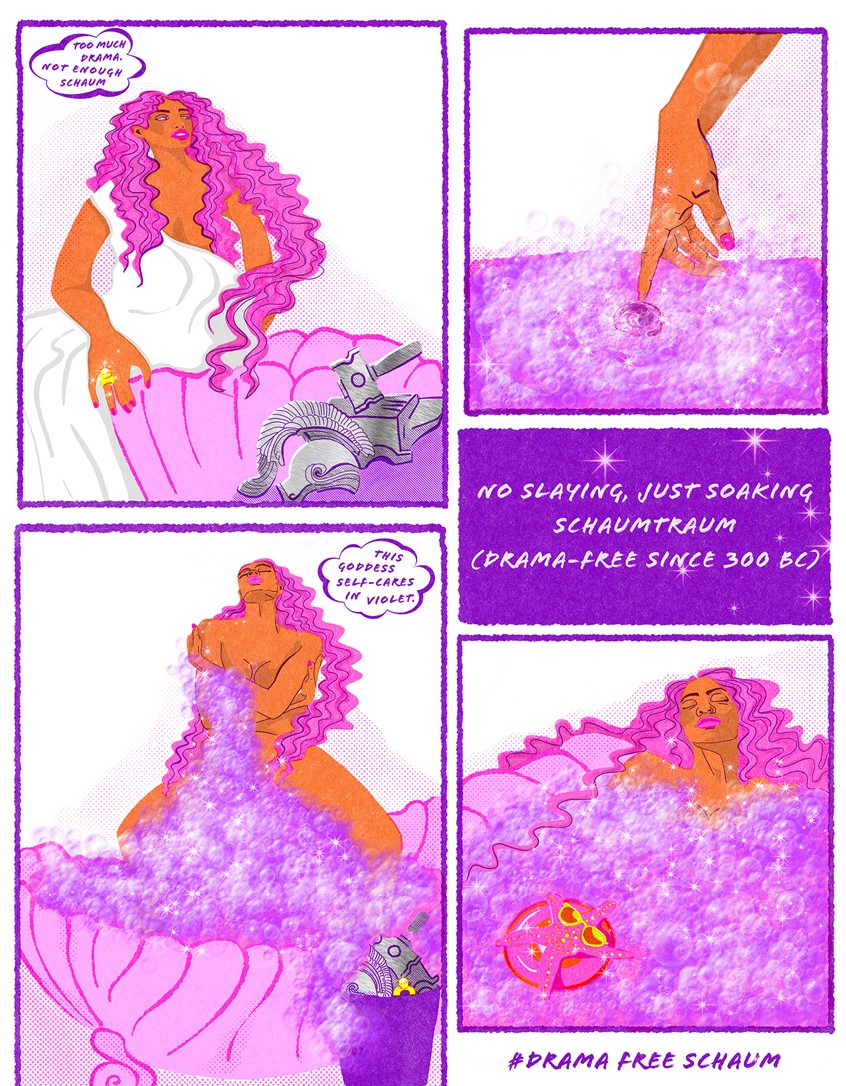 illustration of A modern take on Greek mythology:
Aphrodite skips the drama of Ares and Hephaistos to enjoy a violet foam bath. The LUSH Goddess bath bomb becomes a symbol of relaxation, empowerment, and reimagined myth. Part of a self-initiated series exploring how ancient stories can be retold through fresh, contemporary imagery.
