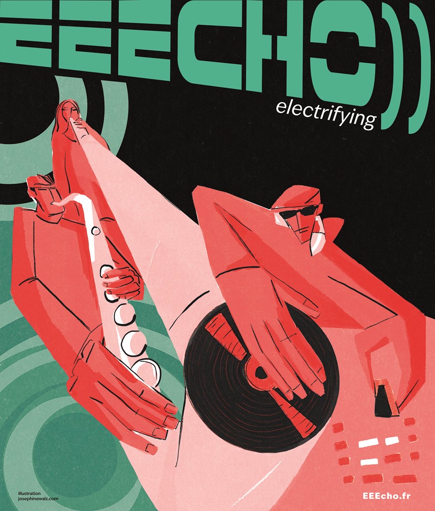 illustration of Illustration for a band that blends the sounds of saxophone, didgeridoo, and house beats. The fusion of organic and electronic music is also reflected visually – rhythmic, vibrant, and modern. This artwork is used as a flyer and poster for their events.