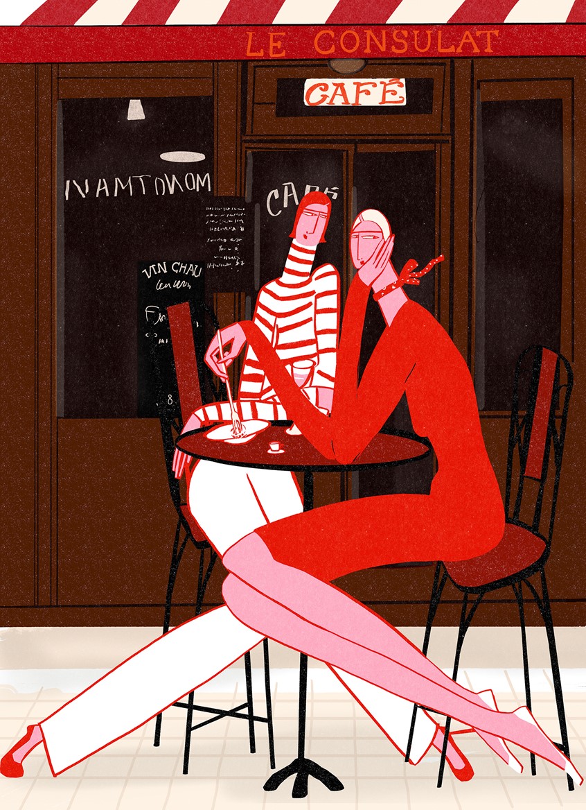 illustration of Timeless elegance with a hint of boredom.
Two women, impossibly long-legged, linger over pasta and wine at the iconic Le Consulat café in Paris. A moment of effortless chic, captured in line and color.