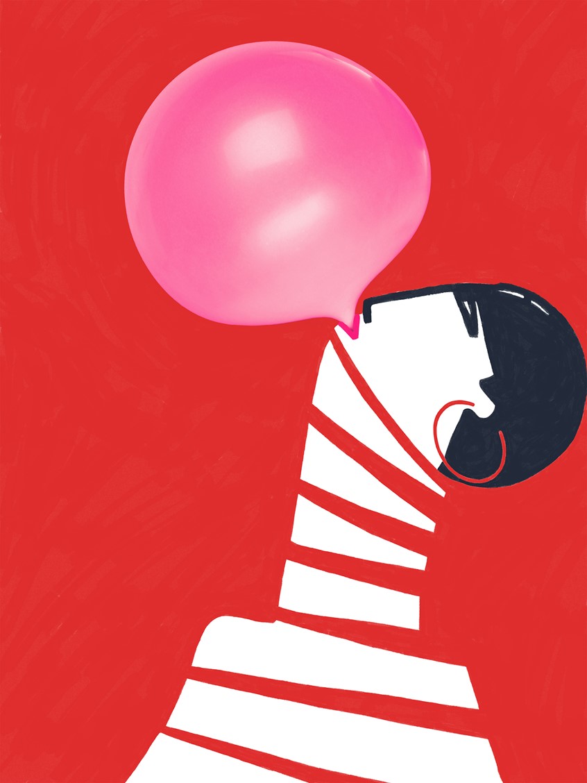 illustration of This graphic 60s-inspired portrait captures a woman blowing a giant bubblegum bubble. Bold, minimal shapes in red, white, black, and pink emphasize the playful, retro energy of the moment. A modern, stylized nod to pop-art, perfect for editorial, lifestyle, or advertising projects seeking punchy, eye-catching visuals.
