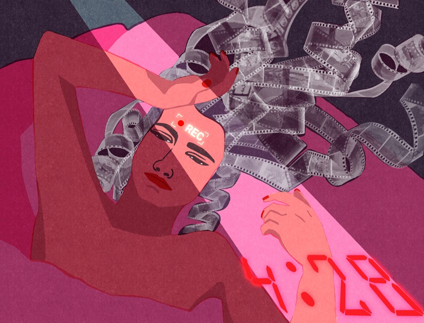 illustration of The Night Records is a conceptual editorial illustration about chronic insomnia and cognitive overload. Inspired by neurological research, it visualizes the restless mind as a recording system that never powers down.
A woman lies awake as filmstrips unspool from her head, turning thoughts into footage rather than rest. Using cinematic and interface-inspired metaphors, the image translates an invisible mental state into a clear, emotionally resonant visual narrative.