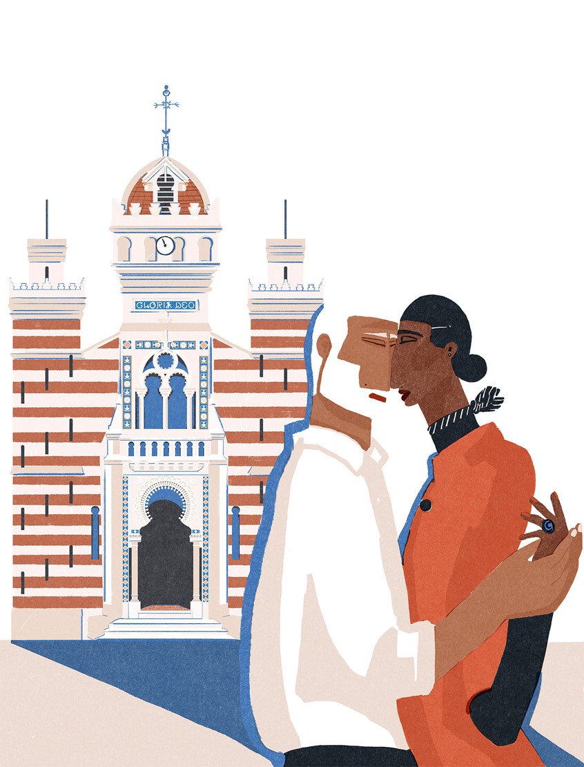 illustration of In front of the Chapelle de la Villa Algérienne in L’Herbe, Cap Ferret, Sud-West France.
A moment between two people — quiet, present, and suspended in time.
The architecture, the light, and the gesture all belong to this place.