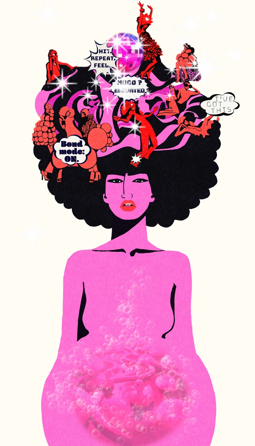 illustration of Pregnancy, reimagined as a 70s disco — a dazzling party of inner change.
Each character moves to its own rhythm: Estrogen takes the lead, Progesterone sways in calm, and Oxytocin lights up the floor.
Bold, graphic, and Pop Art–inspired, this piece captures the euphoric chaos of early motherhood.
Vibrant, surreal, and made to connect — with readers, editors, and anyone who’s ever danced through transformation.