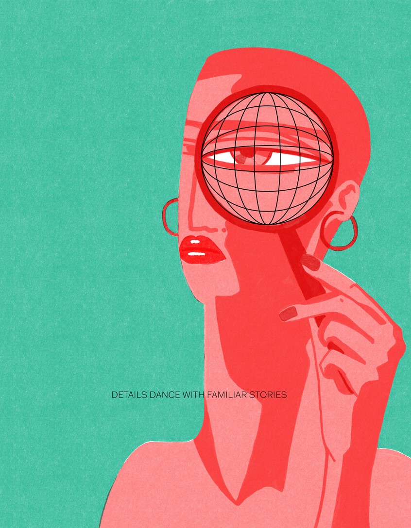 illustration of Conceptual Illustration: Details Dance With Familiar Stories. A thought-provoking image exploring themes of global observation, critical analysis, and the narrative lens. The magnifying glass represents scrutiny and perspective.