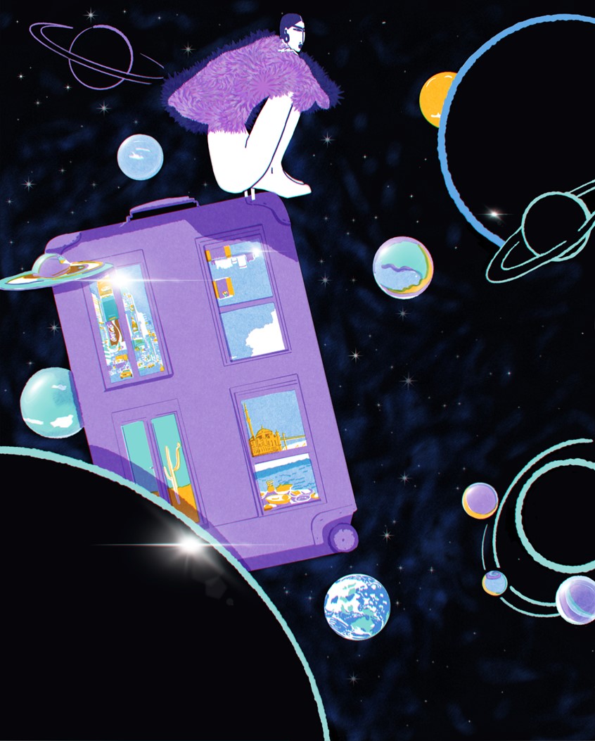 illustration of Editorial Illustration about intellectual nomadism and mental mobility, inspired by Kenneth White. A surreal cosmic journey where a suitcase becomes a home and a vehicle for memories.
Keywords: Cosmic, Travel, Imagination, Philosophy, Psychology, Surreal, Minimalist, Motion, Dreamlike.