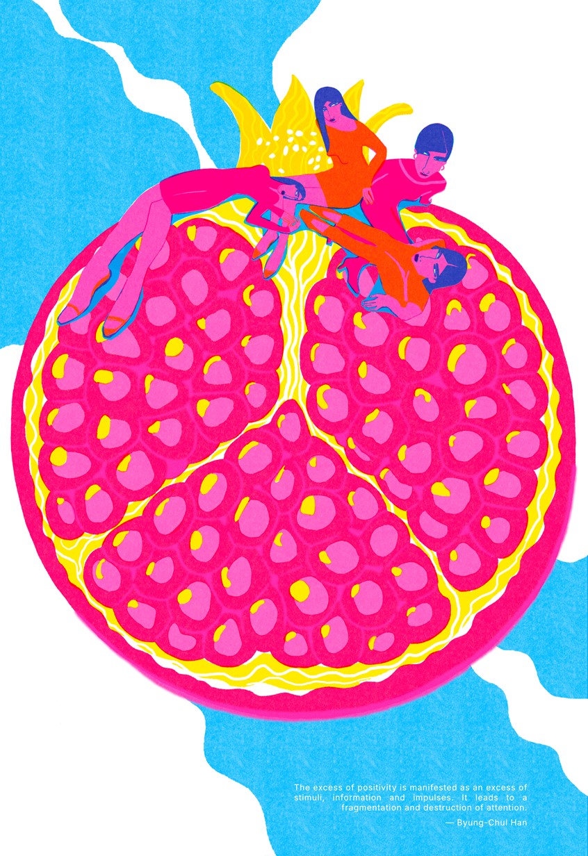 illustration of A conceptual editorial illustration exploring sensory excess and the fragmentation of attention. Inspired by Byung-Chul Han, this piece visualizes a world flooded with stimuli, where abundance leads to detachment. Vibrant, textured, and metaphorically rich.
Keywords: Mental Health, Modern Society, Philosophy, Abundance, Psychology, Vibrant, Surreal, Information Overload.