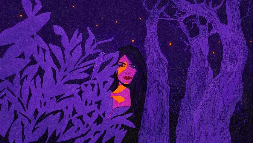 illustration of The illustration is built around the idea of partial visibility.
Alba emerges from a dense forest landscape, suspended between light and shadow. Graphic foliage contrasts with intricate tree forms, while hidden figures and subtle details reward closer observation.
Rather than illustrating a specific story, the image creates a space between memory, dream and presence — reflecting the atmosphere of Alba’s music.