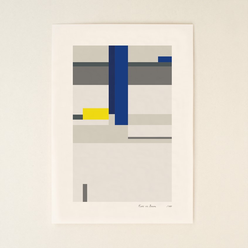 illustration of Unique print from series that consists of 100 different prints representing an abstract hommage to the works in the Rietveld Schröder House. Commissioned by Centraal Museum Utrecht for the celebration of 100 years of the Rietveld Schröder House.