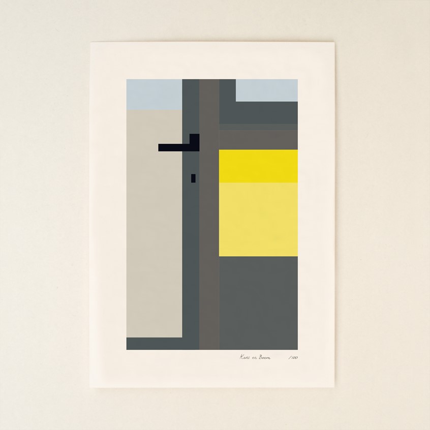 illustration of Unique print from series that consists of 100 different prints representing an abstract hommage to the works in the Rietveld Schröder House. Commissioned by Centraal Museum Utrecht for the celebration of 100 years of the Rietveld Schröder House.