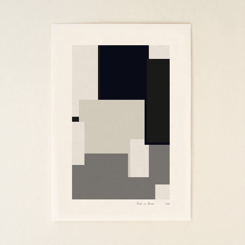 illustration of Unique print from series that consists of 100 different prints representing an abstract hommage to the works in the Rietveld Schröder House. Commissioned by Centraal Museum Utrecht for the celebration of 100 years of the Rietveld Schröder House.