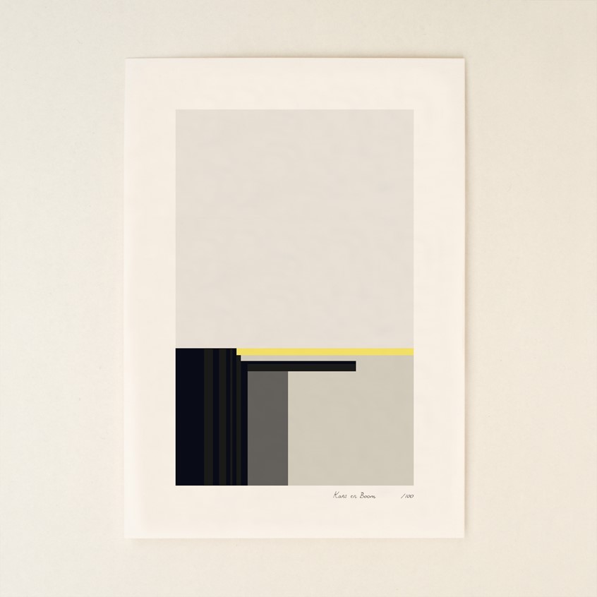 illustration of Unique print from series that consists of 100 different prints representing an abstract hommage to the works in the Rietveld Schröder House. Commissioned by Centraal Museum Utrecht for the celebration of 100 years of the Rietveld Schröder House.