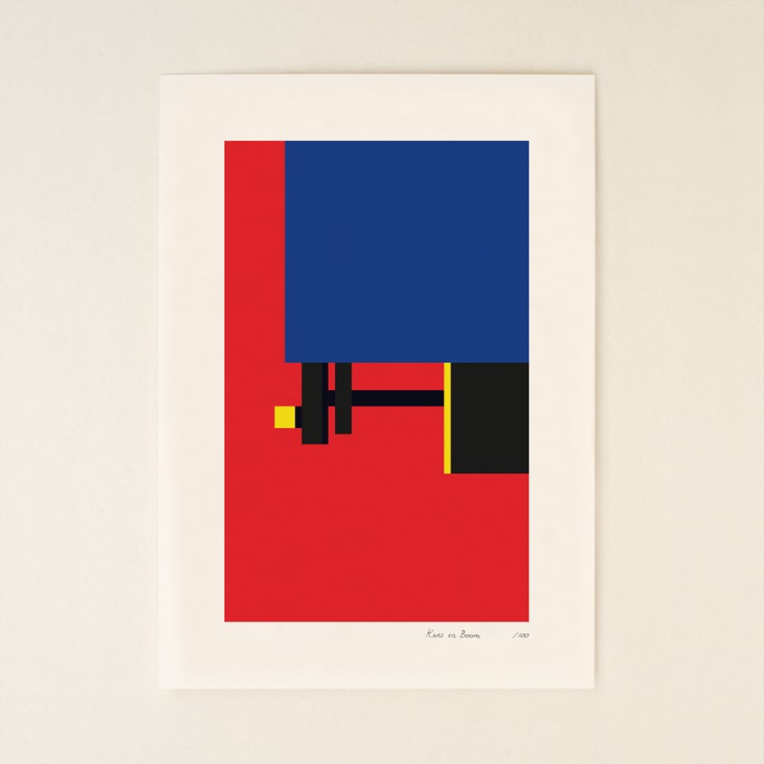 illustration of Unique print from series that consists of 100 different prints representing an abstract hommage to the works in the Rietveld Schröder House. Commissioned by Centraal Museum Utrecht for the celebration of 100 years of the Rietveld Schröder House.