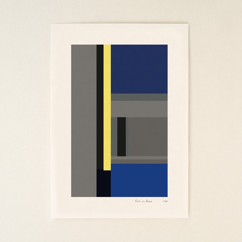 illustration of Unique print from series that consists of 100 different prints representing an abstract hommage to the works in the Rietveld Schröder House. Commissioned by Centraal Museum Utrecht for the celebration of 100 years of the Rietveld Schröder House.