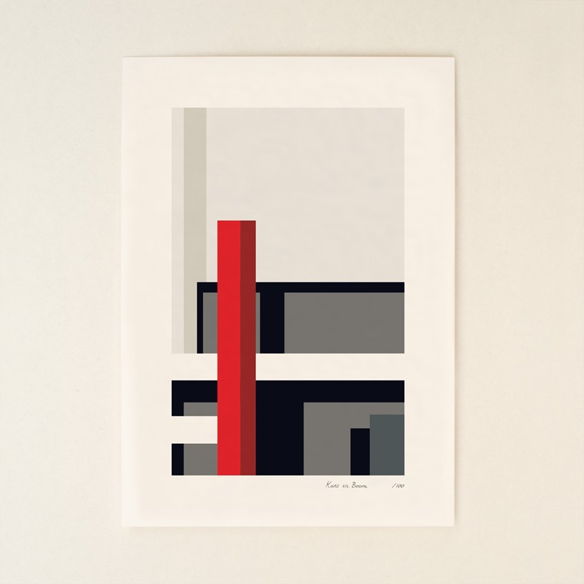 illustration of Unique print from series that consists of 100 different prints representing an abstract hommage to the works in the Rietveld Schröder House. Commissioned by Centraal Museum Utrecht for the celebration of 100 years of the Rietveld Schröder House.