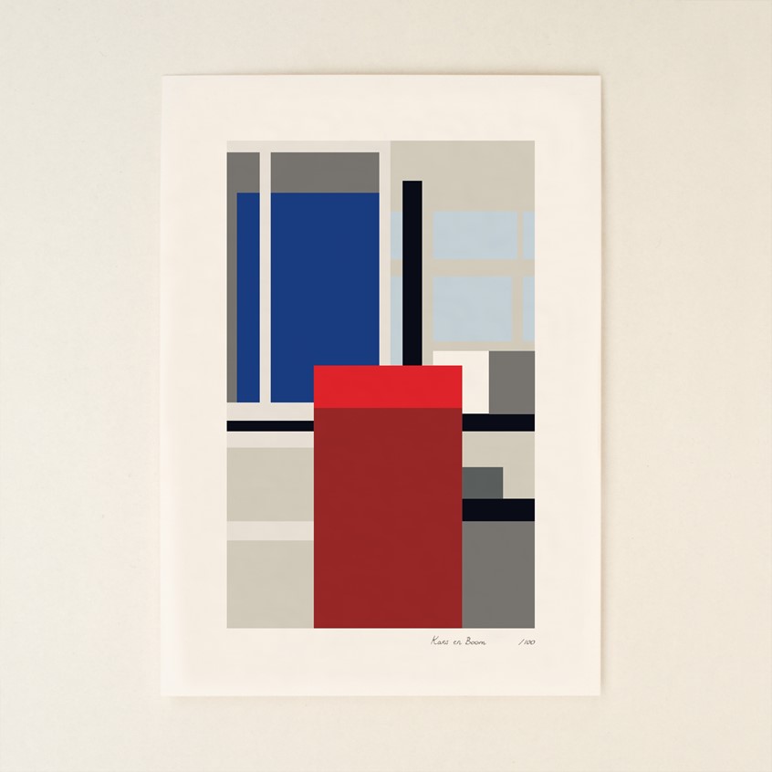 illustration of Unique print from series that consists of 100 different prints representing an abstract hommage to the works in the Rietveld Schröder House. Commissioned by Centraal Museum Utrecht for the celebration of 100 years of the Rietveld Schröder House.