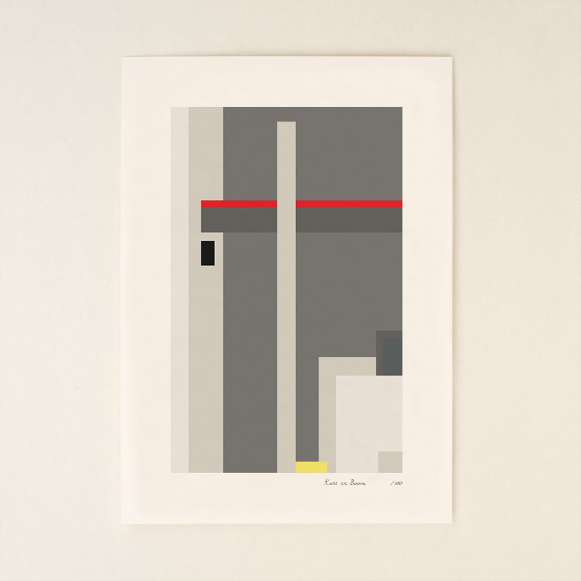 illustration of Unique print from series that consists of 100 different prints representing an abstract hommage to the works in the Rietveld Schröder House. Commissioned by Centraal Museum Utrecht for the celebration of 100 years of the Rietveld Schröder House.