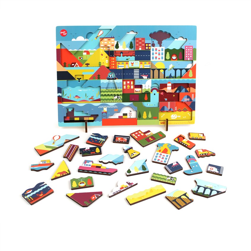 illustration of Puzzle made for Ikonic Toys. A3, 42 x 30 x 1 cm. Wooden design puzzle, consists out of 32 pieces. Two layered design puzzle that surprises you with an illustration related to the piece that was taken away.
Comes with 2 little stands to display the puzzle as a decorative object.