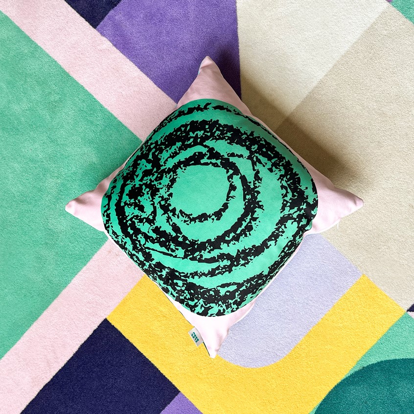 illustration of This decorative cushion features a different design on both sides. It is filled with 100 % natural down, providing softness and warmth. Cover material: durable and soft polyamide. 45 x 45 cm.