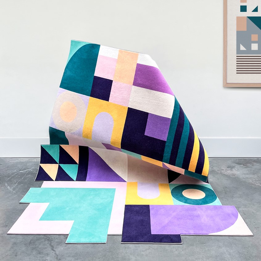 illustration of Limited edition rug, designed in close collaboration with Mondilab. The bold, printed polyester surface brings structure rhythm and color into any space. 270 cm x 200 cm.