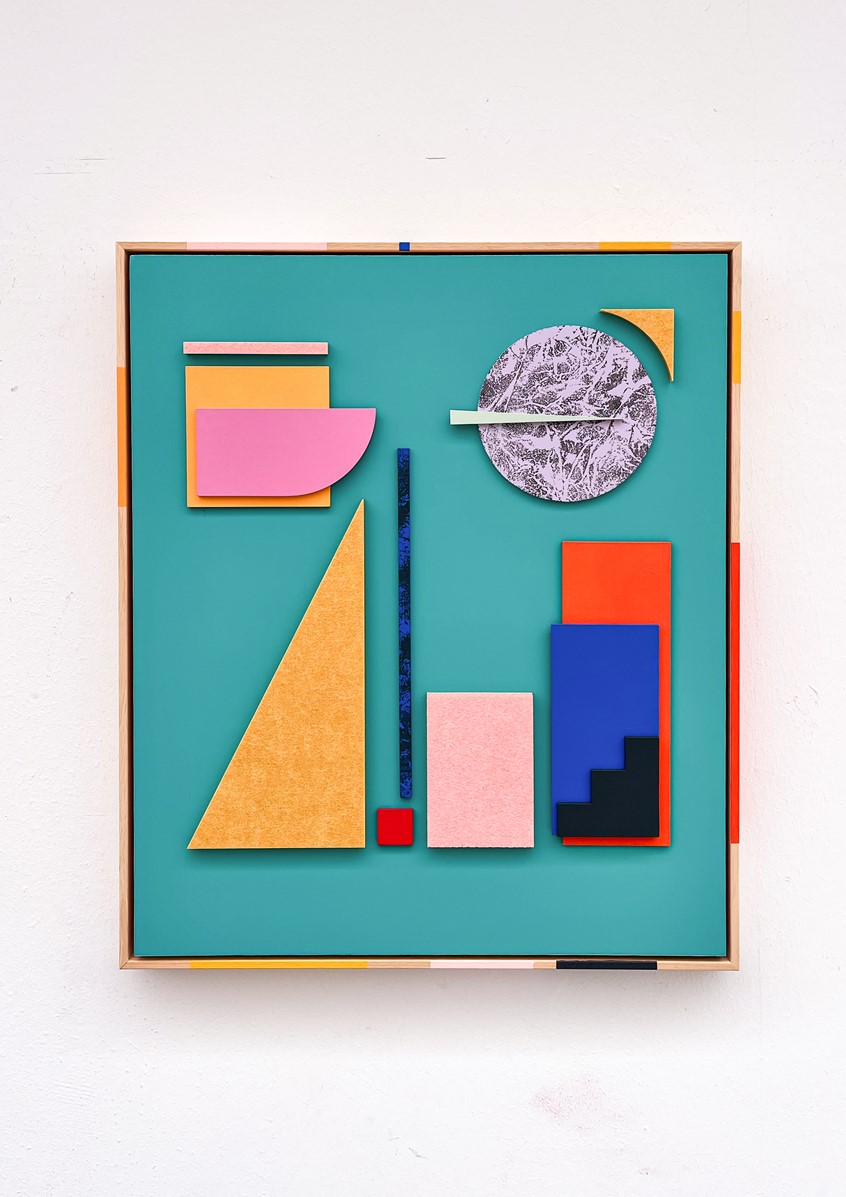 illustration of Part of Silent Structures, a series of painted and mixed-media works. These works explore the balance between geometry and softness; using colour, wood and felt to create playful, tactile compositions.
The geometric forms are layered on wooden panels, inviting the viewer to experience rhythm, structure and calm.
50 x 60 cm
Textile and wood collage art work - Unique piece.