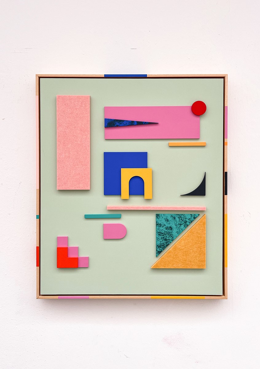 illustration of Part of Silent Structures, a series of painted and mixed-media works. These works explore the balance between geometry and softness; using colour, wood and felt to create playful, tactile compositions.
The geometric forms are layered on wooden panels, inviting the viewer to experience rhythm, structure and calm.
50 x 60 cm
Textile and wood collage art work - Unique piece.