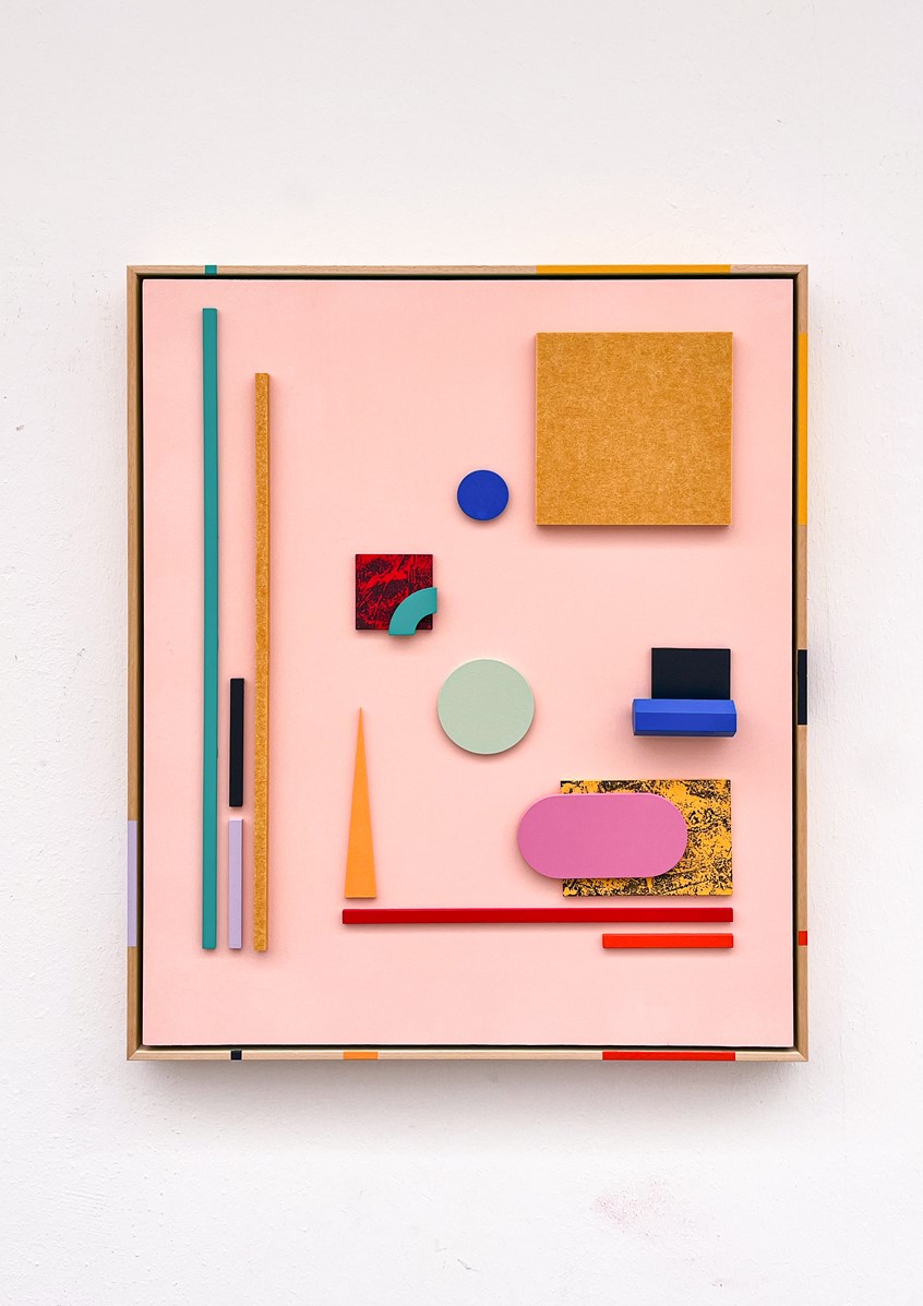 illustration of Part of Silent Structures, a series of painted and mixed-media works. These works explore the balance between geometry and softness; using colour, wood and felt to create playful, tactile compositions.
The geometric forms are layered on wooden panels, inviting the viewer to experience rhythm, structure and calm.
50 x 60 cm
Textile and wood collage art work - Unique piece.