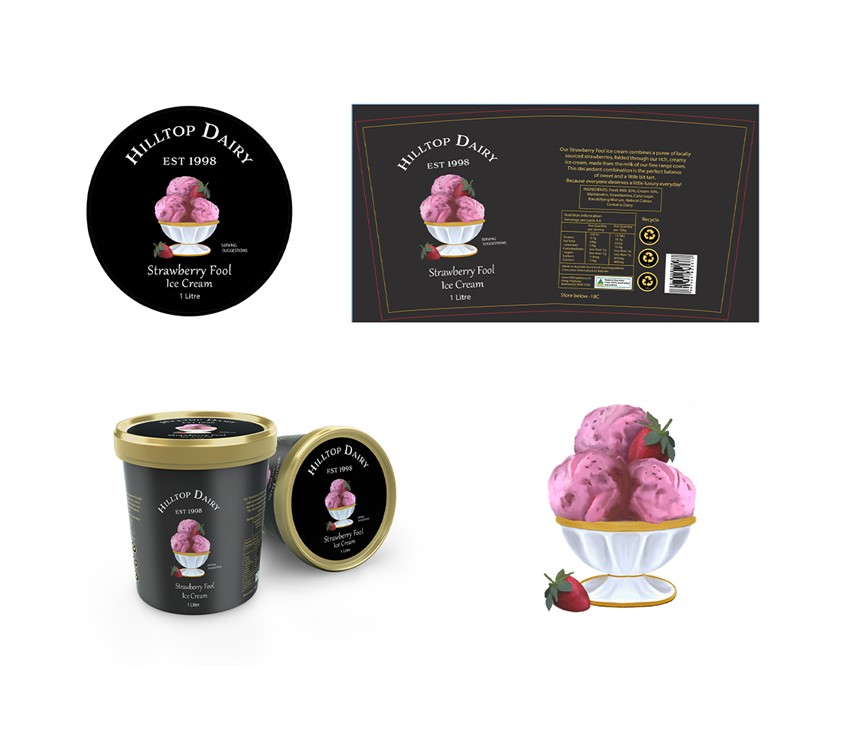 illustration of Strawberry Fool Ice-cream Packaging Design
I illustrated the strawberry ice-crem, along with various cheeses for different applications, before setting out the label design for the carton and sticker design for the lid.