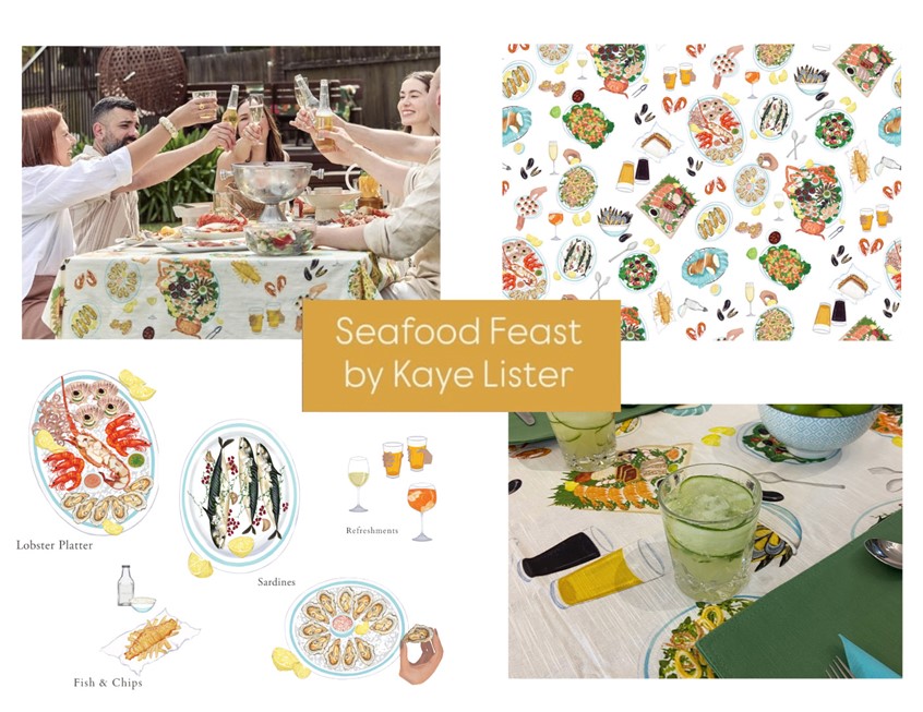 illustration of I was recently commissioned to design a tablecloth for Homewares brand Yousi, showcasing the seafood dishes we all enjoy during summer.
The tablecloth was launched late 2025 with coordinating napkins, tea towels and tote bags being released in 2026, to complete the collection.
