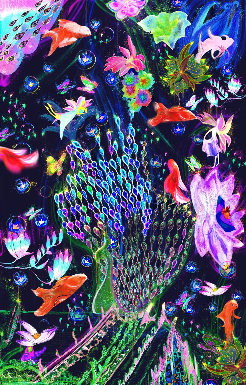 illustration of In the middle of the fish tank, a small castle stands quietly, and the peacock-decorated gem feathers are unfolding in the water, as if waiting for the protagonist of a fairy tale. Around the castle, crystal bubbles slowly rise, reflecting the gorgeous colors around, like a floating rainbow. The goldfish swim leisurely in it. It seems that this small goldfish fantasy is a hidden corner in the real world, which makes people want to approach and immerse themselves in it.