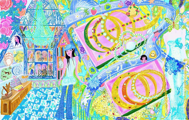 illustration of Based on extreme complexity, it integrates Chinese and Western decorative art styles. Window lattice, glass, crystal lamps, plants and flowers, porcelain, complicated and exquisite. Golden jewelry represents the yearning for abundance and nobility. Fashionable dress, cute ribbon, exquisite pig girl, complicated details but not messy.