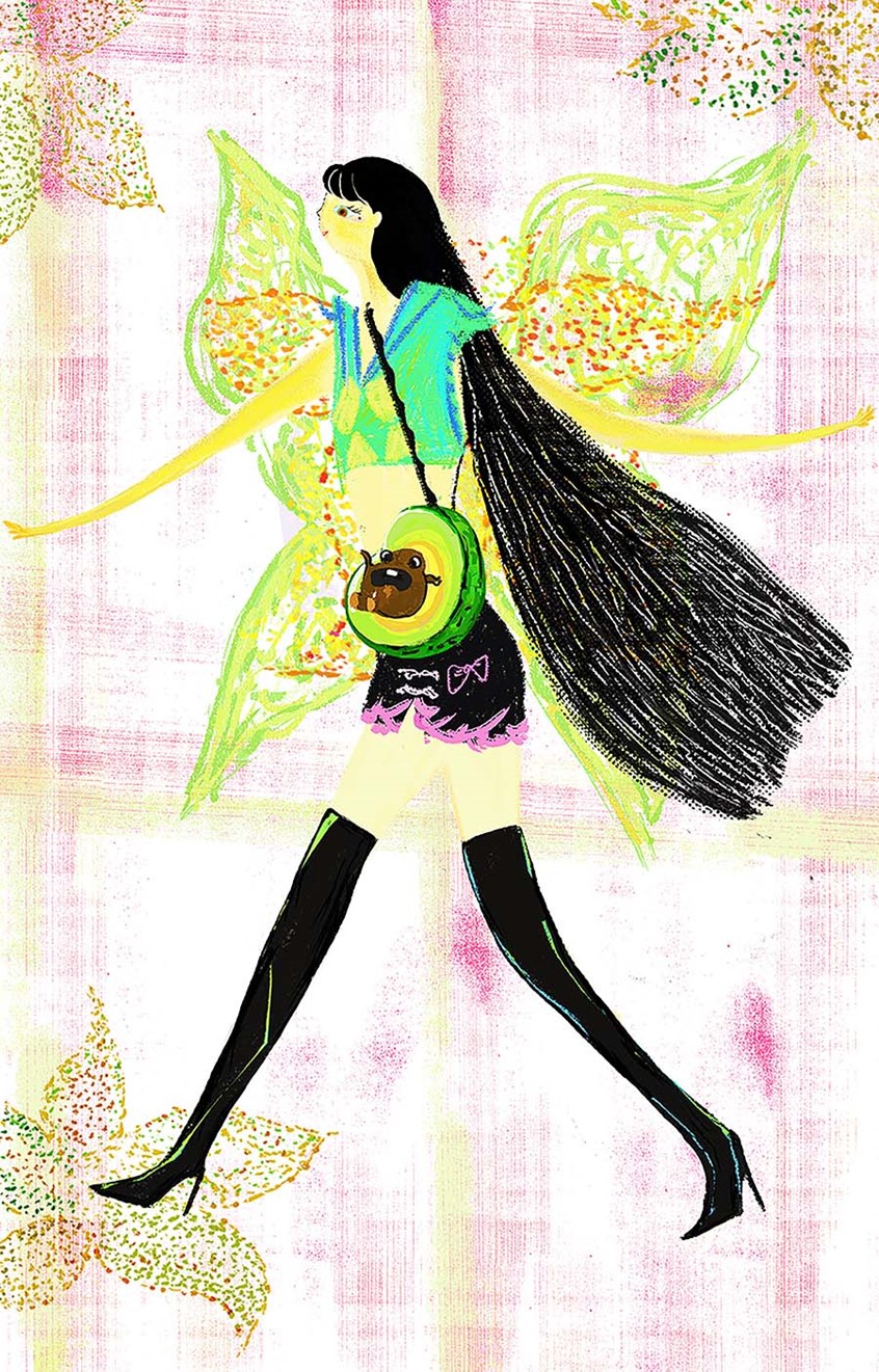 illustration of Original ip design, Miss Avocado, Luna, from Zeta Planet. This is the kpop version of the teenager, with long hair and a good friend's avocado bag. He likes to run around and explore the unknown。