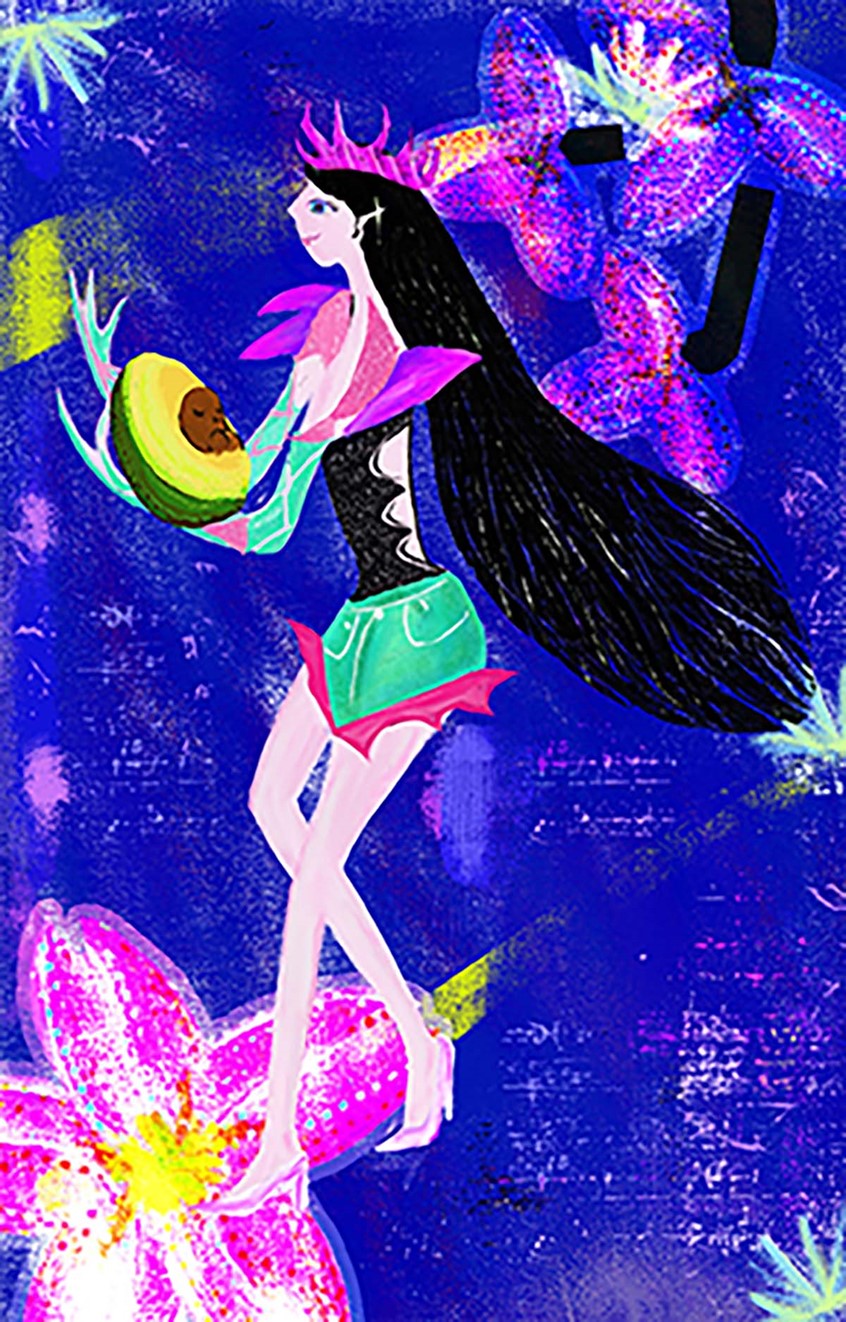 illustration of Original ip design, Miss Avocado, Luna, from Zeta Planet. This is the kpop version of the teenager, with long hair and a good friend's avocado bag. He likes to run around and explore the unknown。