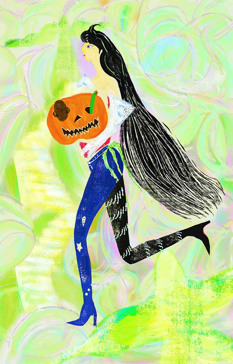 illustration of Original ip design, Miss Avocado, Luna, from Zeta Planet. This is the kpop version of the teenager, with long hair and a good friend's avocado bag. He likes to run around and explore the unknown。