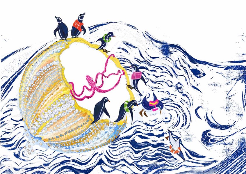 illustration of Pay attention to the ecology of the earth. Pumpkins, which symbolize human civilization, float in the sea. Penguins can only wear life jackets to save themselves because of the rising temperature and fewer glaciers.
