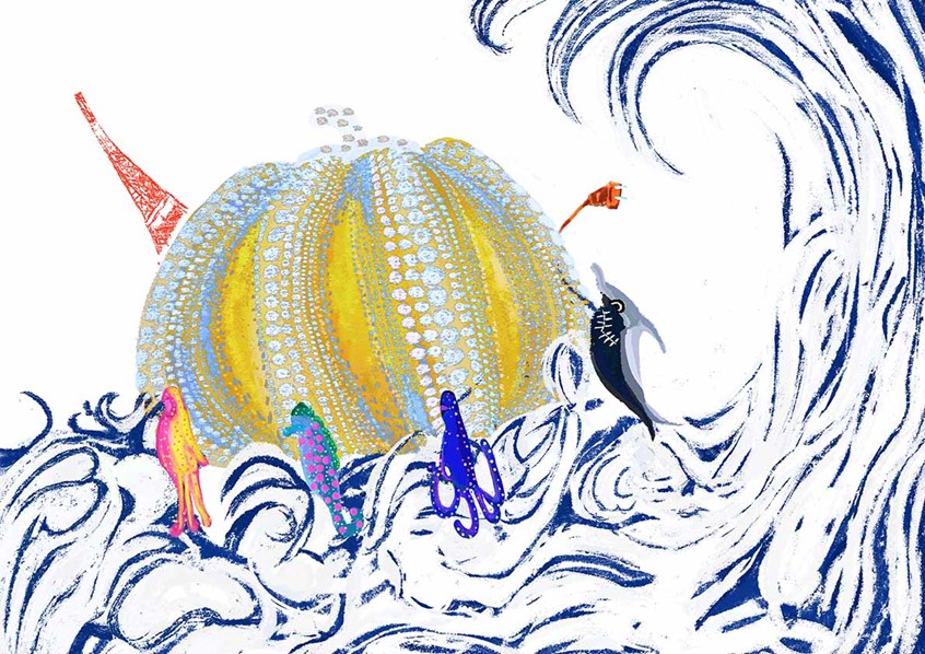 illustration of Pay attention to the ecology of the earth. Pumpkins, which symbolize human civilization, float in the sea. All kinds of creatures formed a rescue team to rescue homeless pumpkins.