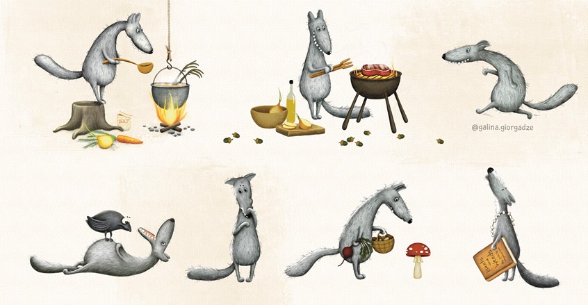 illustration of Wolf character design showing expressive poses for a children’s book — playful, emotional, and story-driven illustrations.
Children’s book illustration, animal character, expressive wolf, cute wolf illustrations, picture book character sheet, storytelling art, emotional character design, whimsical animal, illustrator Galina Giorgadze.