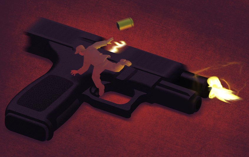 illustration of Illustrations for llustration for Officerstidningen, the magazine of the Swedish Officer’s association (the union for soldiers, sailors, officers and officer cadets). On a piece about the hazards of the accidental discharge of firearms within the military and the complex regulations surrounding follow up procedures.