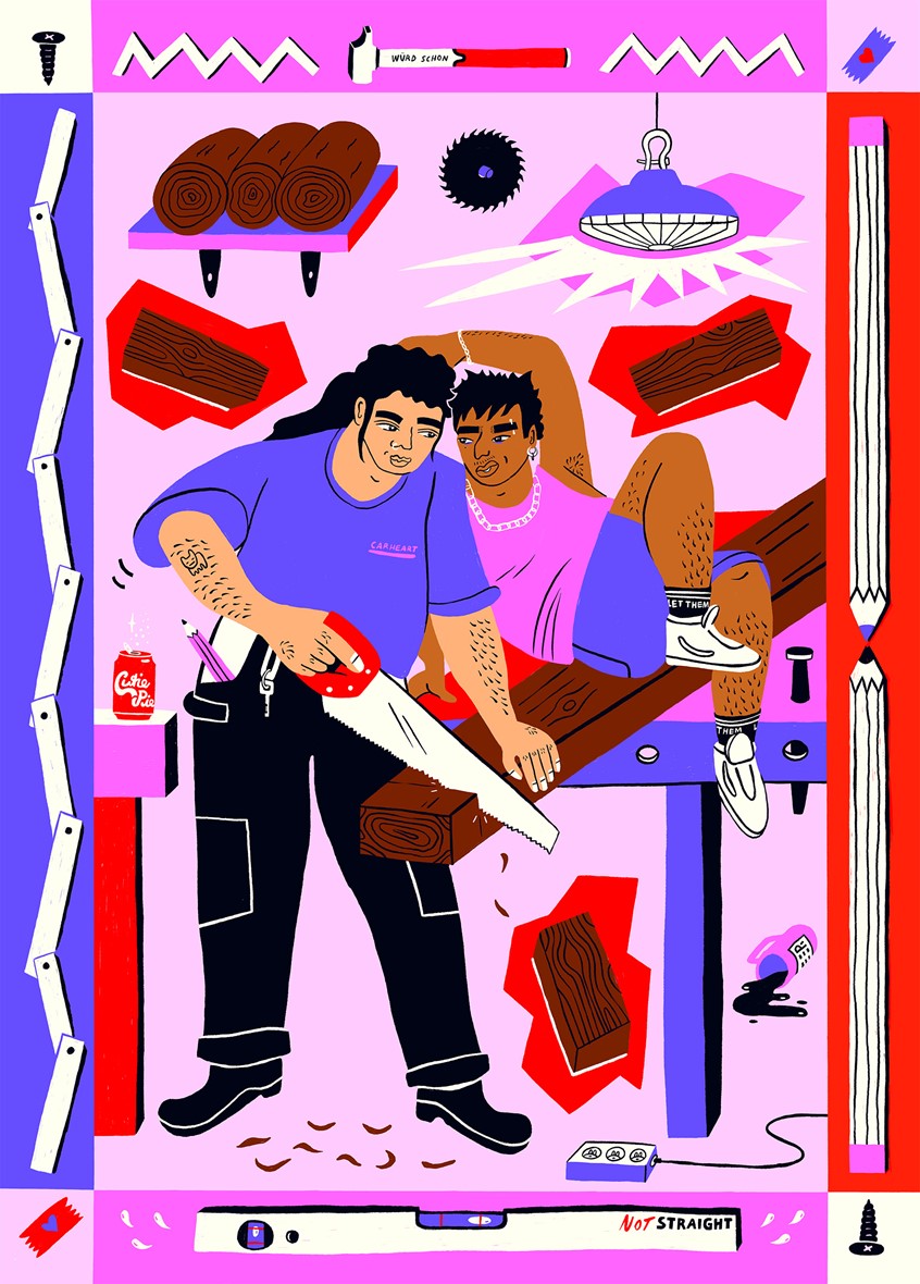 illustration of Illustrated colorful scene of women and queer carpenters working in craftsmanship.
Color, Pride Campaign, Exhibition, Woodworking, Carpentry, Craftsmanship, digital, expressive, bold, wood, workshop, queer, saw, flirt