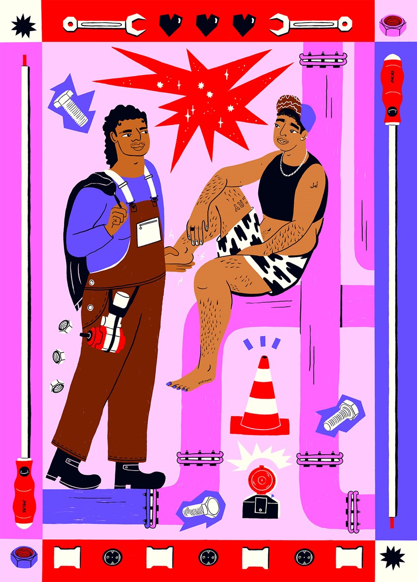 illustration of Craftsperson having a break on construction site while carrying many tools.
Pride Campaign, Exhibit, Public, Collagelike, colorful, srews, digital, happy, tools, stylish