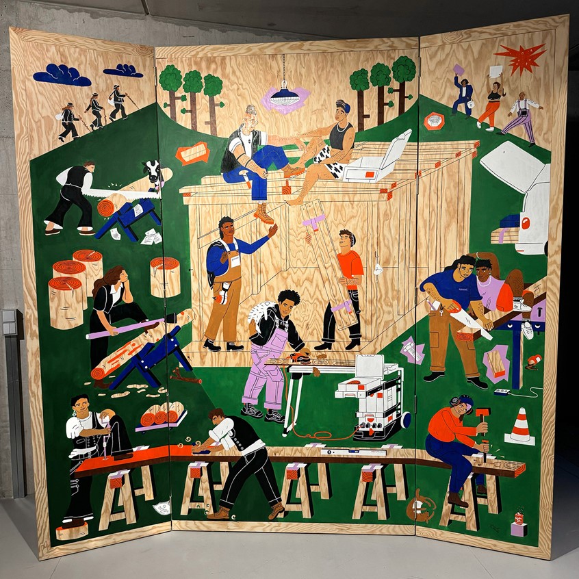 illustration of ‘The Undocumented Archive of Queer Craftsmanship: Today was yesterday is tomorrow’ highlights the erasure of queer identities in the history of carpentery with focus on Germany. Gaps in archives do not mean these lives never existed–history is selectively recorded and only reveils fragments of realities.
Hand-painted, hand-build, hand-mixed colors, construction side, carpenters, house, tools, Gerd Katter, queer rights