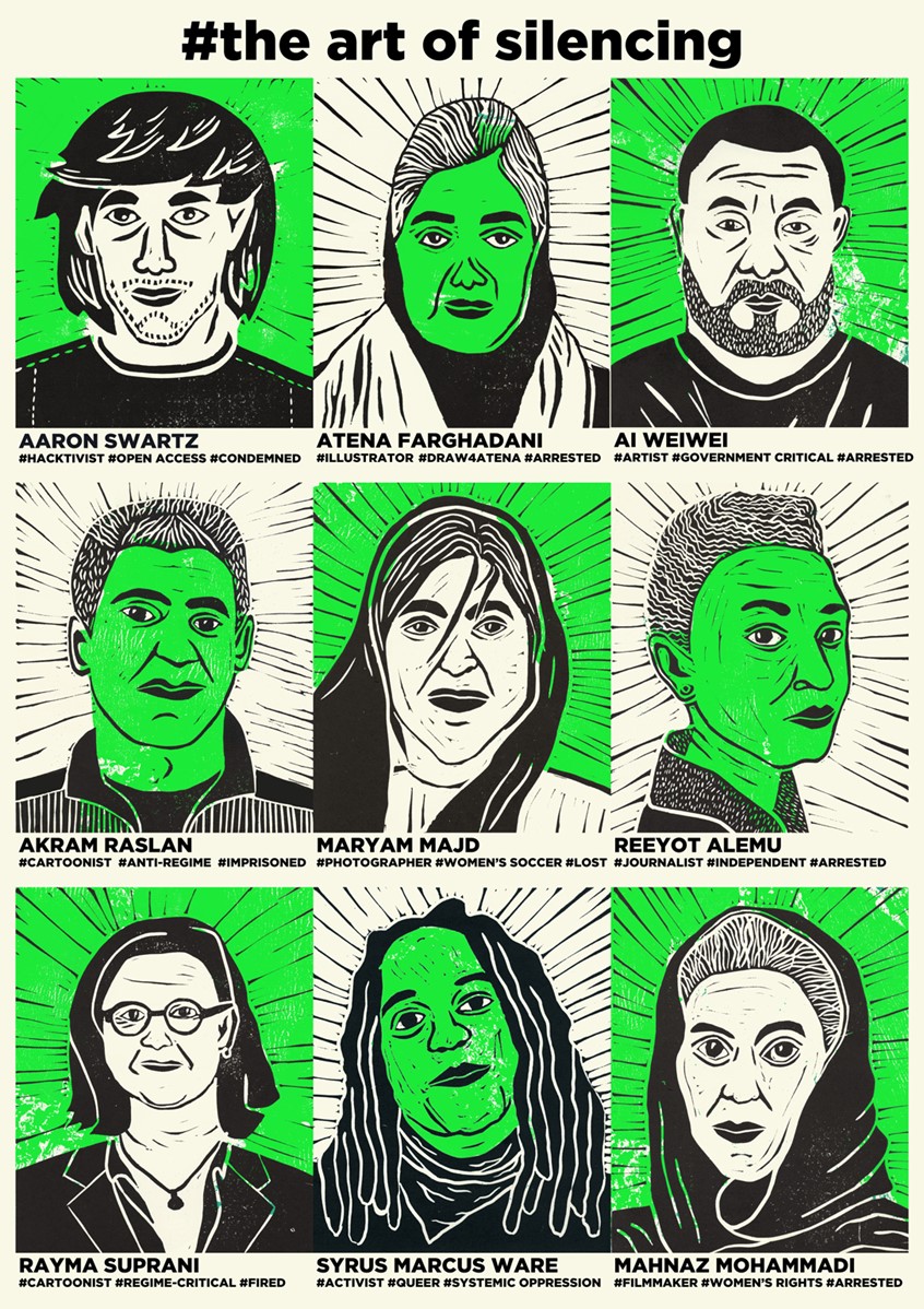 illustration of This A0 screenprint is a tribute to image based activism and its consequences. With focus on the people who try to document and criticize important incidents through their work with images and data and are therefore chased by
the goverment.
Linocut, screenprint, neon, Ai Weiwei, black and white, large scale print, silencing