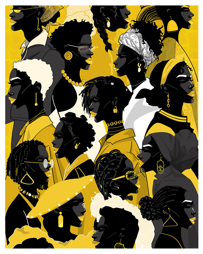 illustration of Created for International Women’s Day, this illustration celebrates the strength, style, and spirit of Afrocentric women. Set in a vibrant, crowded space. It features a diverse gathering of bold and stylish illustrations. Together, they represent unity, pride, and the beauty of shared presence. It’s a tribute to the collective energy and individuality that defines womanhood across cultures.