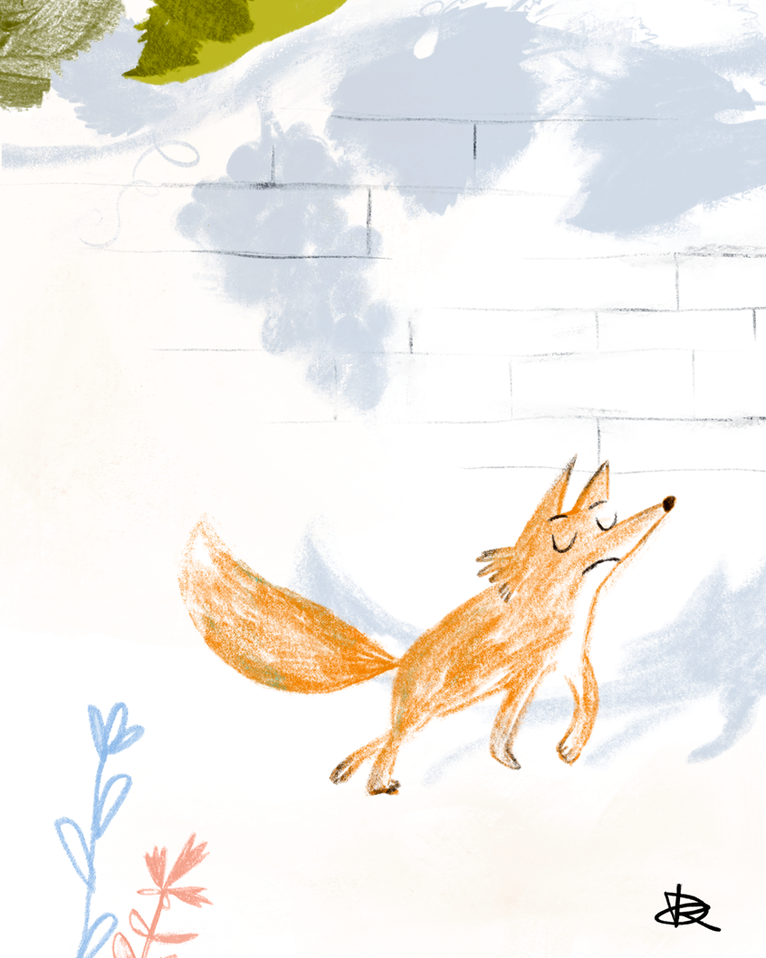 illustration of The Fox and the Grapes by Aesop. Mixed media illustration featuring hand-drawn pastel and charcoal textures. Organic, non-generic style avoiding the vector look. Ideal for Children's Publishing & Editorial
