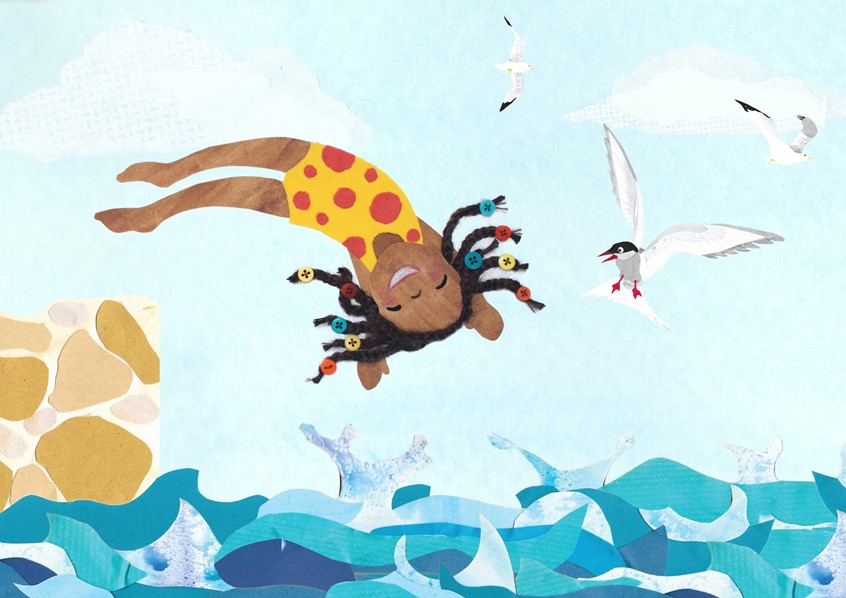 illustration of The joy of a black girl with braided hair and a yellow spotted swimming costume, as she dives into the ocean waves, surprising the sea gulls. Made in paper and textile collage with wool for hair.