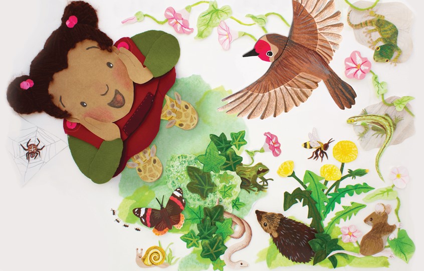 illustration of A spread form a picture book project in which a mixed-race girl learns the wonder of the nature that lives in her inner city back yard, including a robin, hedgehog, snail, flowers and plants. Made with paper and textile collage with wool tarn for hair.