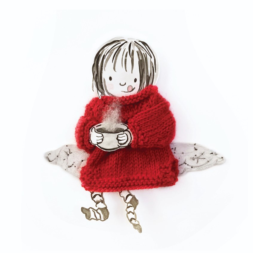 illustration of A child sits on a monotone cushion wearing an oversized red jumper and cradling a large cup of steaming hot chocolate, warm and cosy and card for after the cold, wet storm. Made with photographed 3D hand-knit clothes and paper collage details.