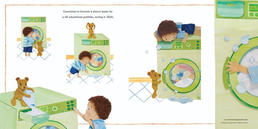 illustration of A boy and his teddy bear are best friends and attempt to help with the laundry but get everything wrong! They try together to work the washing machine but get increasing unsure about the process. A sequence from a picture book story published by Speechlink Multimedia. Made with paper and textile collage with 3D photographed hand-knit and sewn pieces.