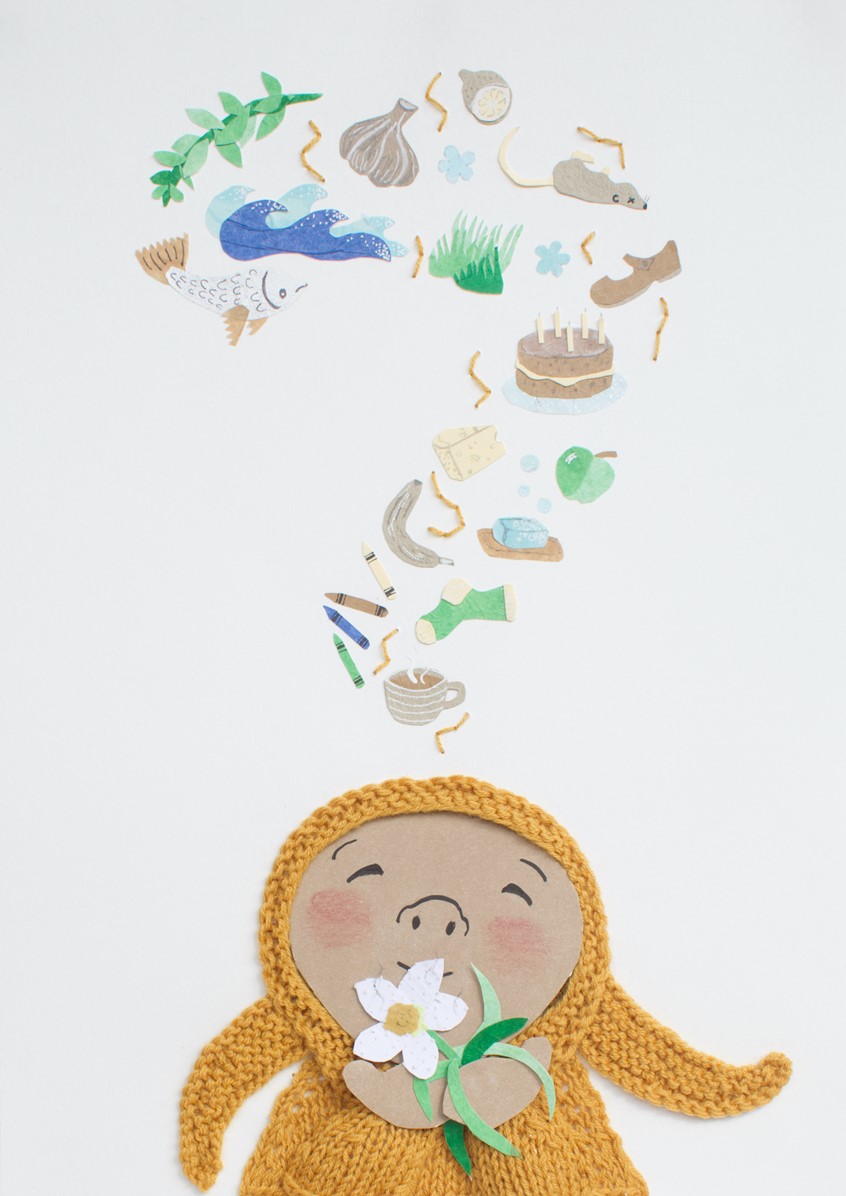 illustration of An Illustration of 'The Right to Smells'; one of the ten 'Natural Rights of Children' manifesto by Gianfranco Zavalloni. A child-like yellow wooly character with long ears holds flowers and thinks of all the different smells they can remember. Made with paper and textile collage and photographed hand-knit pieces, for the exhibition of illustrations by Hannah Sanguinetti 'Start Where You Are', Trieste November 2024.