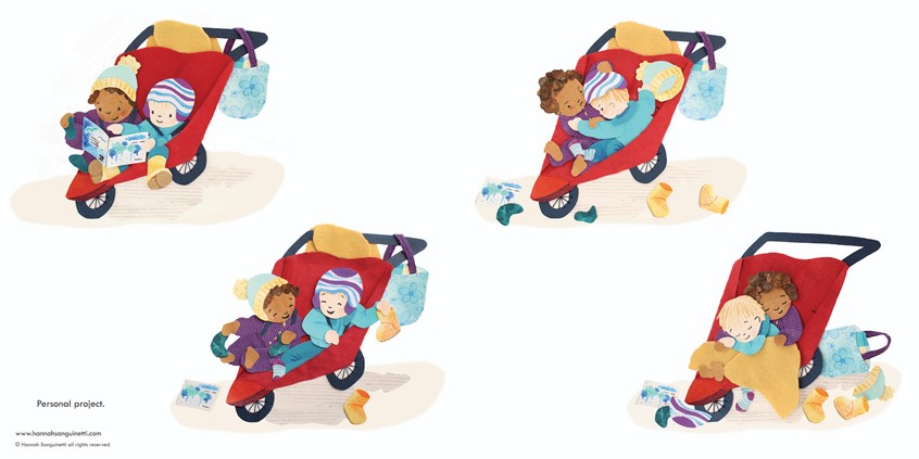 illustration of Two toddler friends relax, play, argue and sleep in their double pushchair stroller. Character development for picture or board book projects made with paper and textile collage.