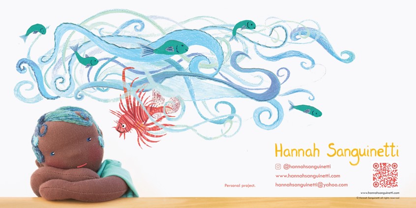 illustration of A dark-skinner girl with blue hair like the waves of the sea imagines the ocean swirling above her and looks at a red lion fish friend that only she can see. Made with a 3D photographed natural fibre art doll combined with paper collage and hand stitching.
